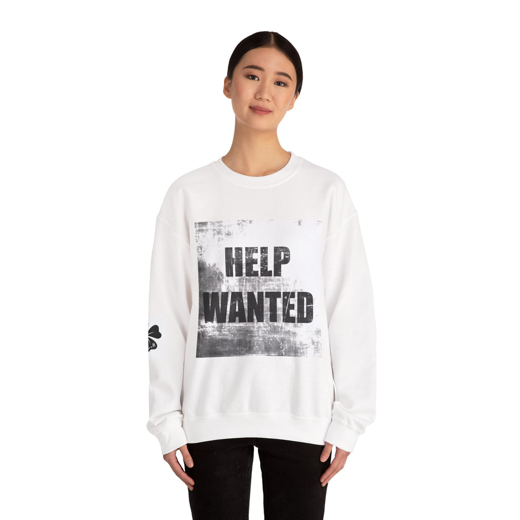 Clara Heart Help Wanted Letter sweatshirt | Back Script with Clover Sleeve
