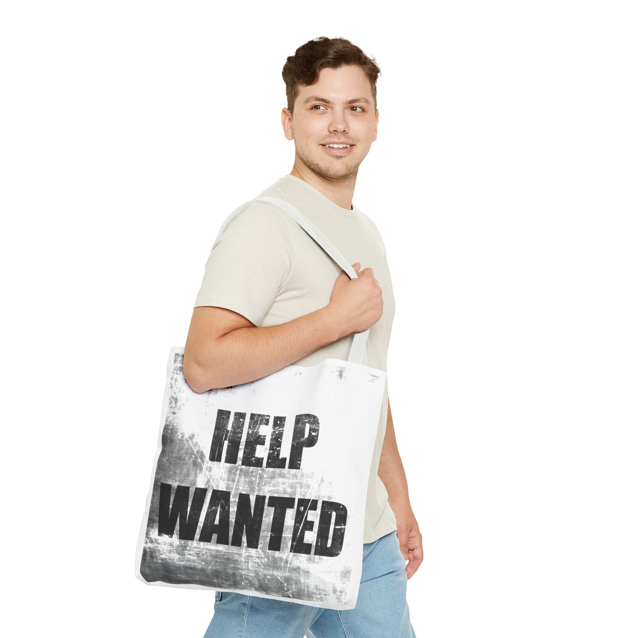 Help Wanted Tote Bag | Distressed Text, Vintage Job Sign Canvas Tote