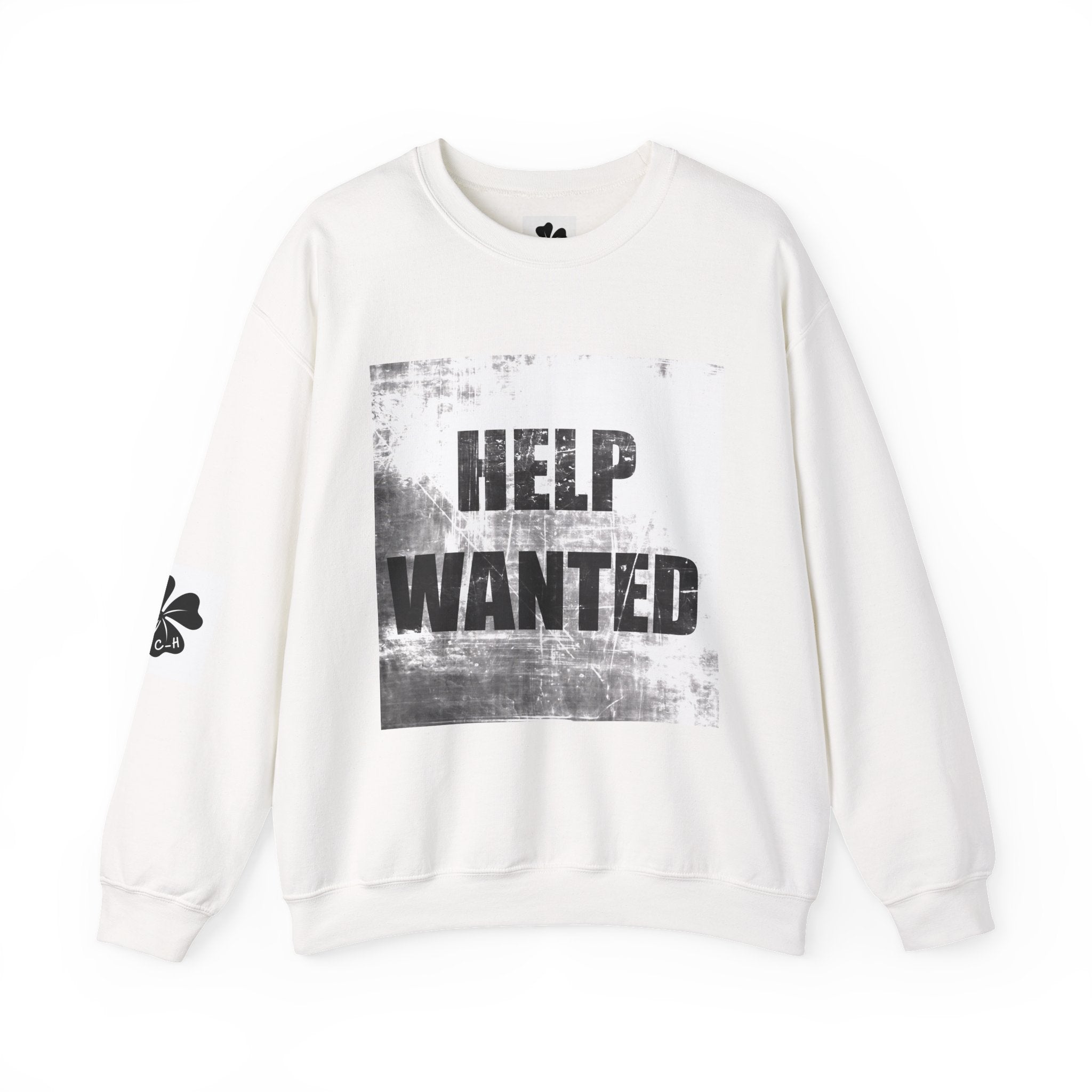 Clara Heart Help Wanted Letter sweatshirt | Back Script with Clover Sleeve